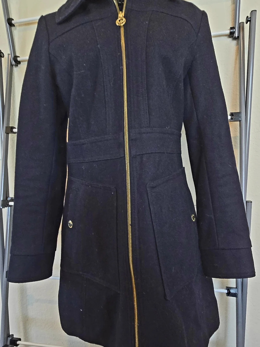 Michael Kors Dark Blue Wool Zip-Front Pea Coat with Gold Hardware Sz XS